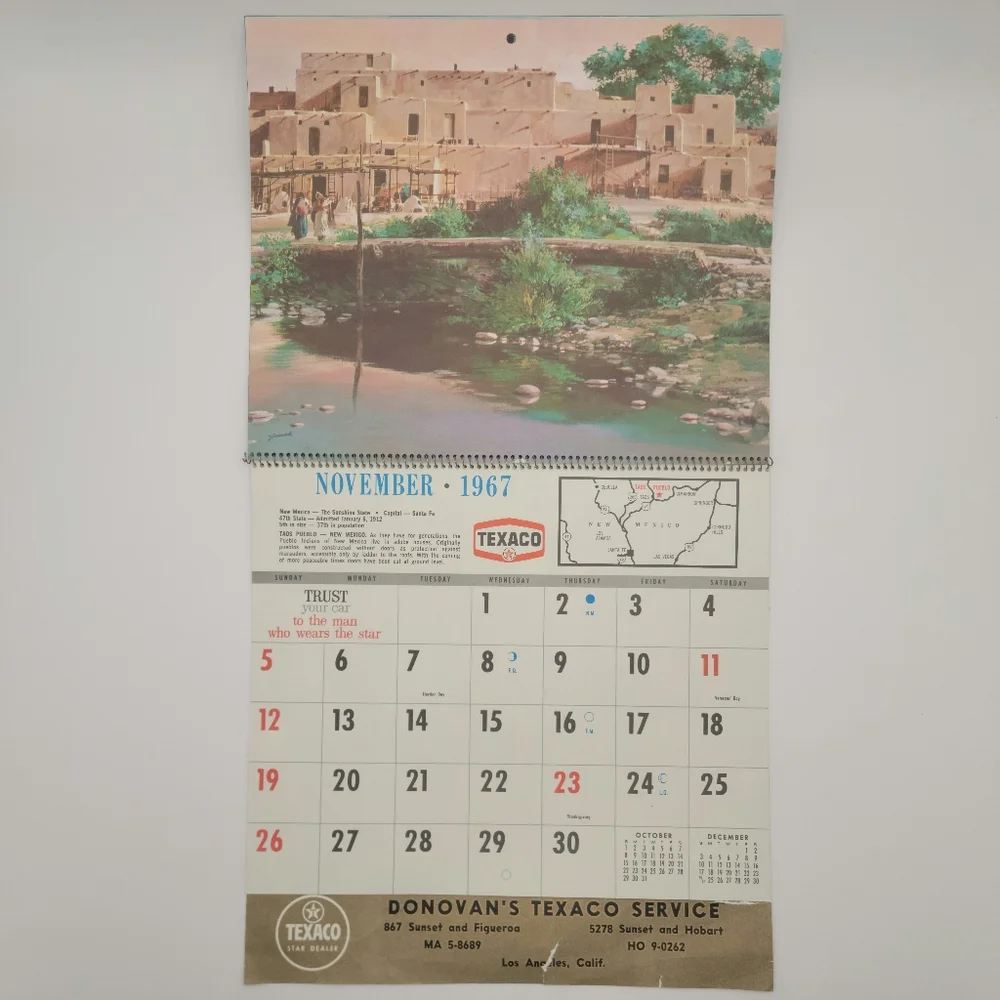 Vintage 1967 Calendar Donovan's Texaco Service Los Angeles CA Clean Interior